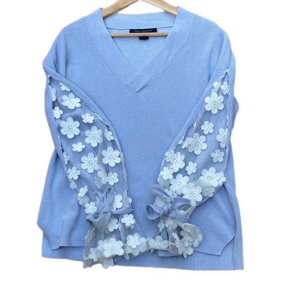 French Connection Caballo floral lace sleeve sweater in light blue size L - Picture 5 of 10